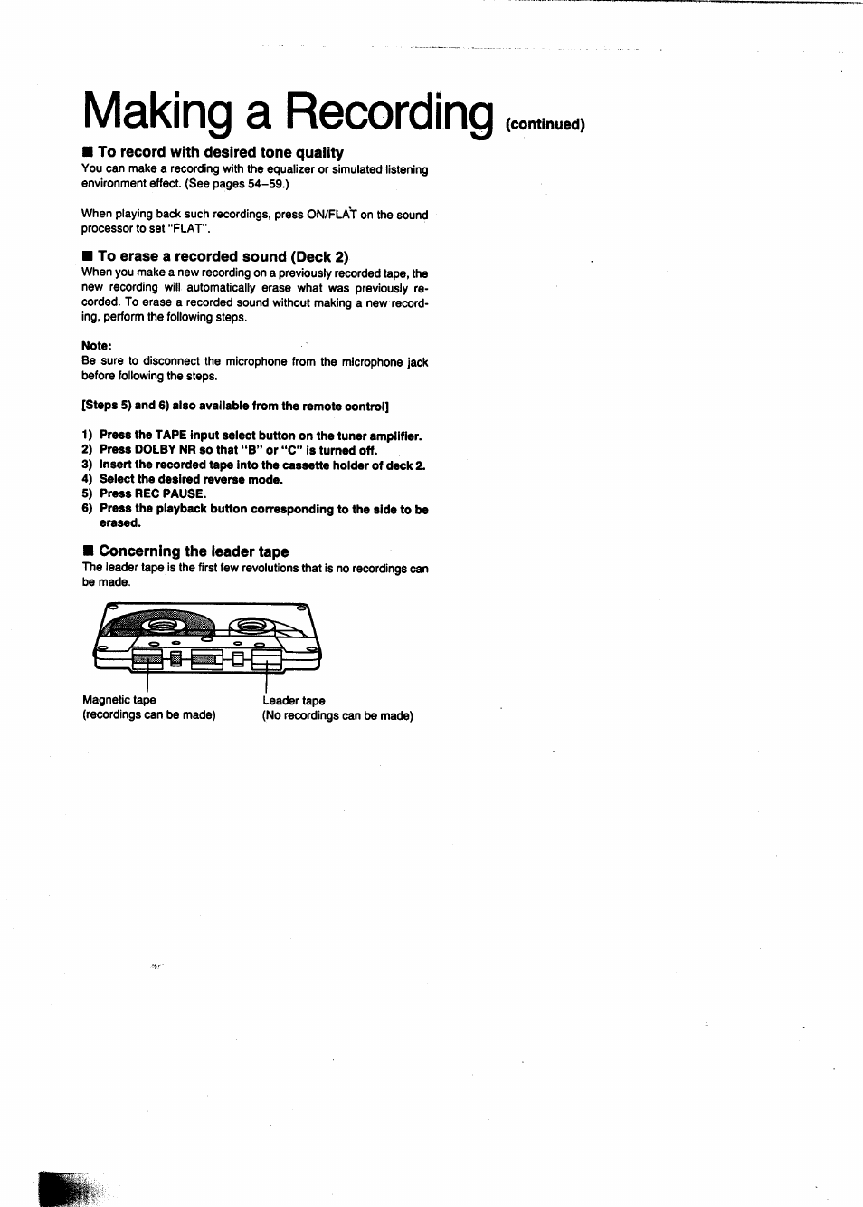 To record with desired tone quality, To erase a recorded sound (deck 2), Concerning the leader tape | Making a recording | Panasonic SC-CH950 User Manual | Page 44 / 85