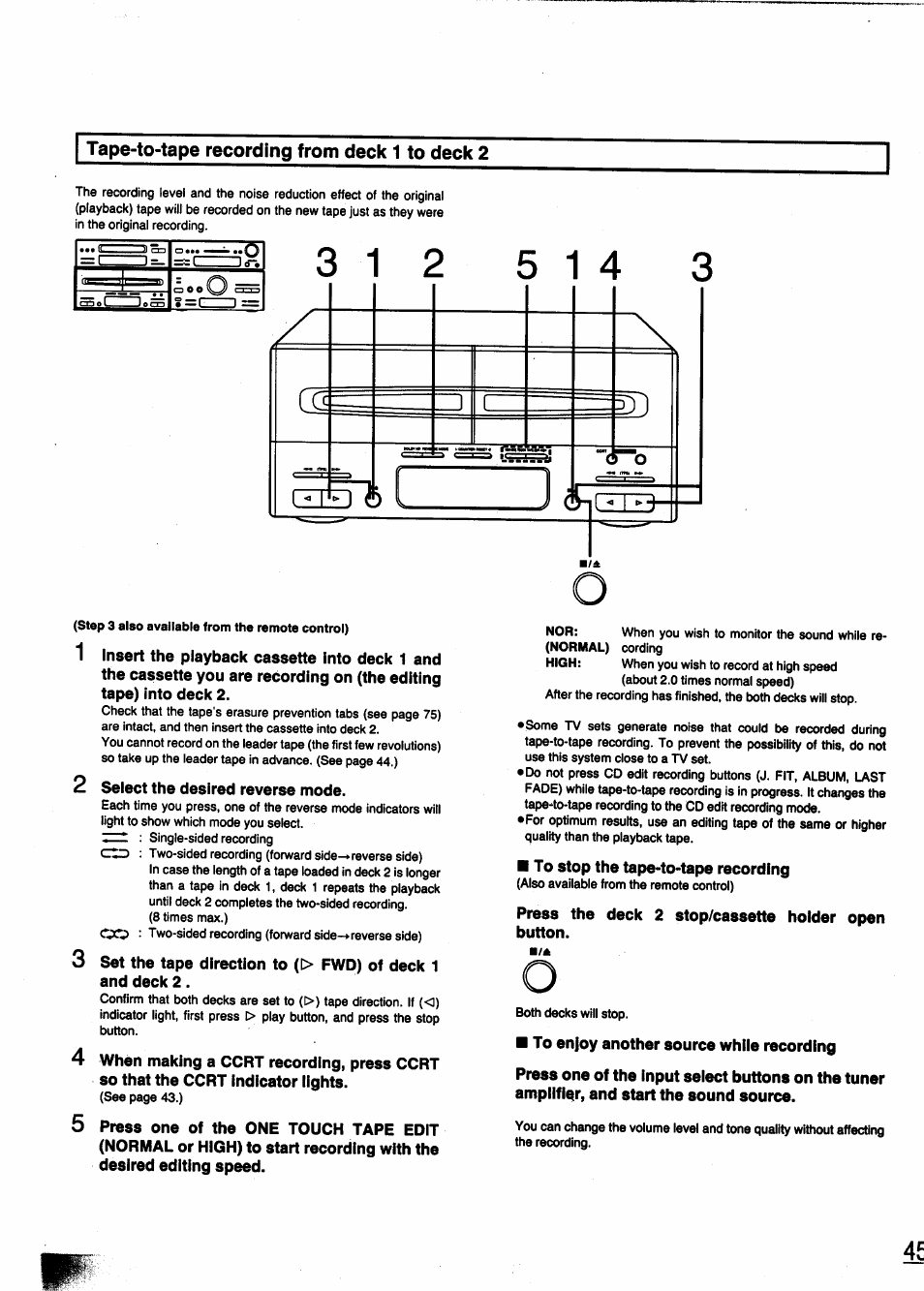 Tape-to-tape recording from deck 1 to deck 2 | Panasonic SC-CH950 User Manual | Page 45 / 85