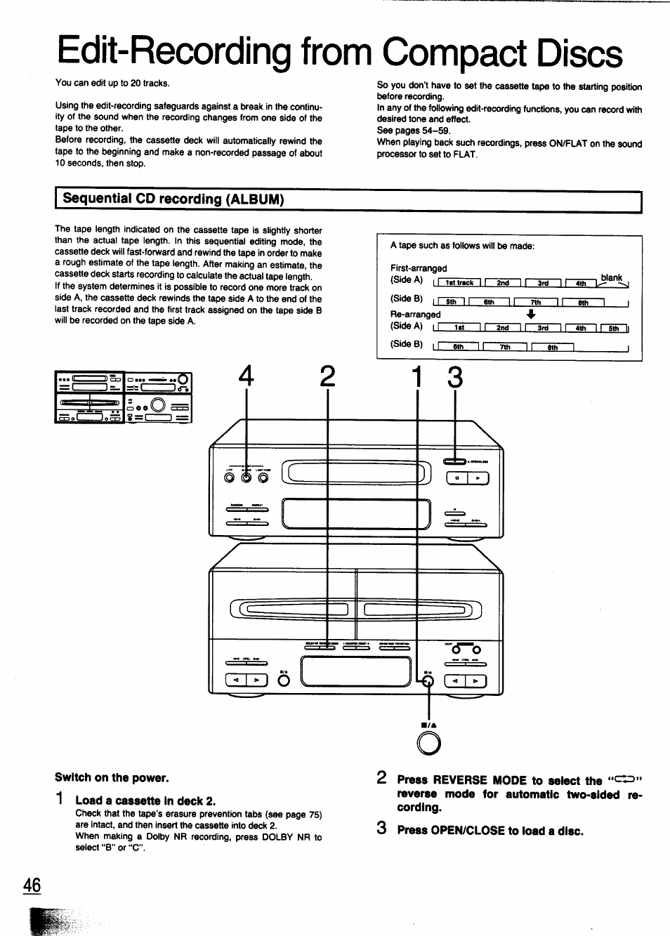 Sequential cd recording (album), Switch on the power, 1 load a cassette in deck 2 | 3 press open/close to load a disc, Edit-recording from compact discs | Panasonic SC-CH950 User Manual | Page 46 / 85