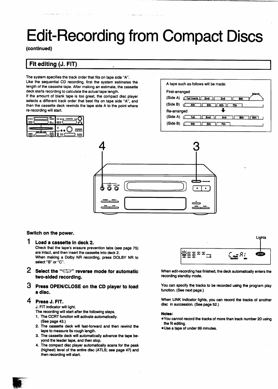 Edit-recording from compact discs, Continued), Fit editing (j. fit) | Load a cassette in deck 2, Press open/close on the cd player to load a disc, Press j. fit | Panasonic SC-CH950 User Manual | Page 48 / 85