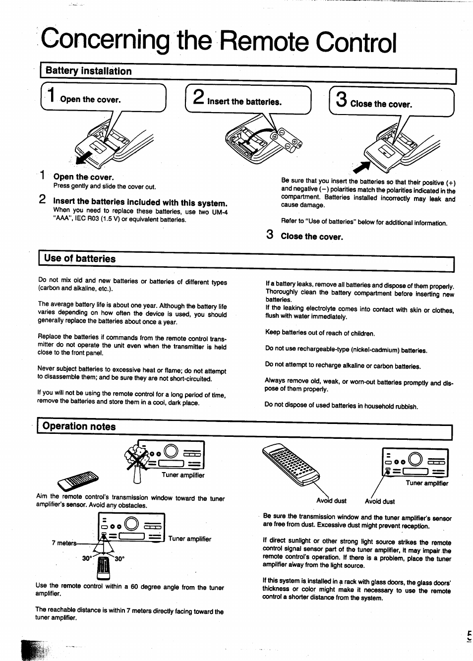 Battery installation, Insert the batteries included with this system, 3 close the cover | Use of batteries, Operation notes, Goncerning the remote control | Panasonic SC-CH950 User Manual | Page 5 / 85