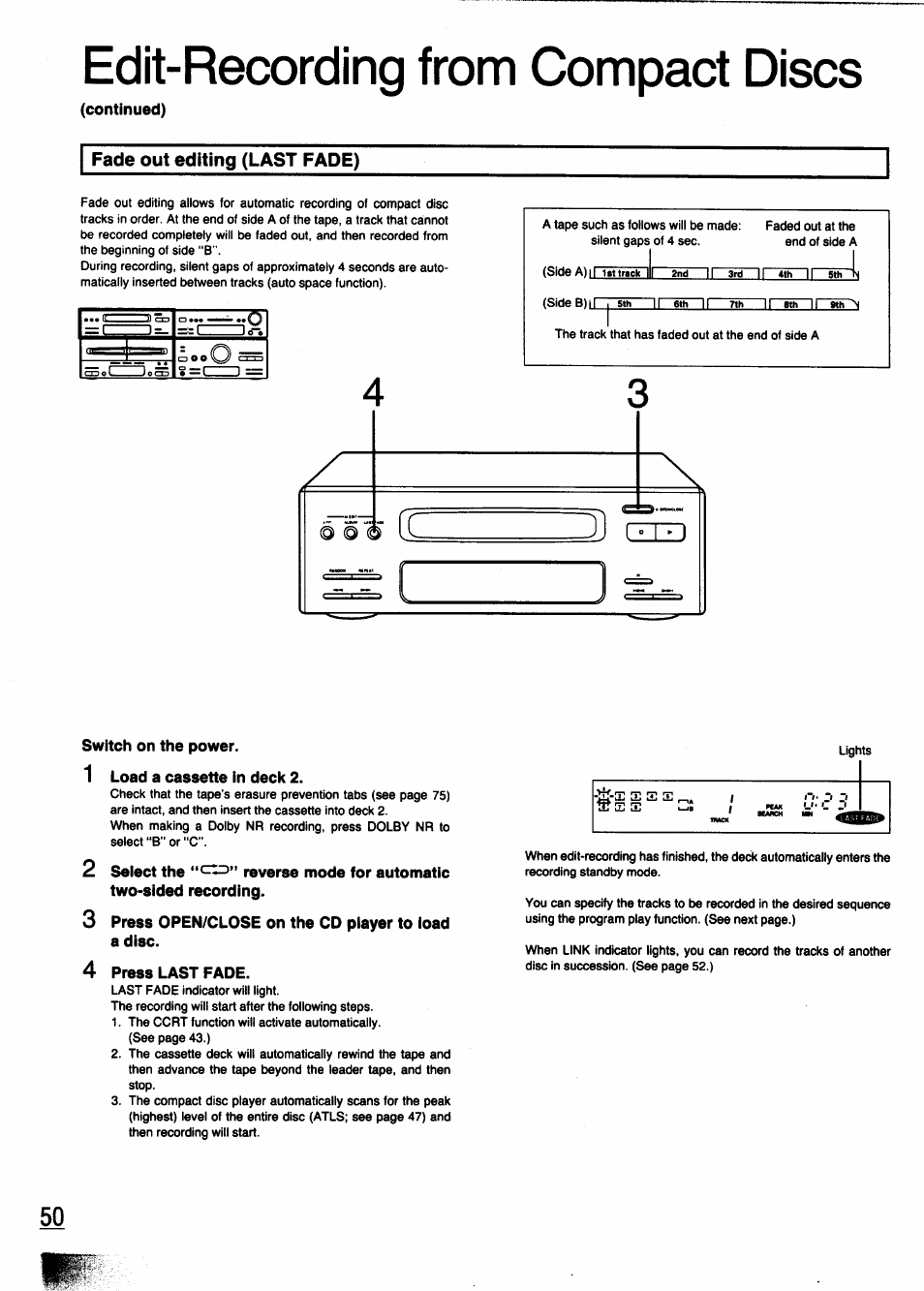Continued), Fade out editing (last fade), Switch on the power | 1 load a cassette in deck 2, 2 seiect the reverse mode for automatic, Two-sided recording, 3 press open/close on the cd player to load a disc, 4 press last fade, Edit-recording from compact discs | Panasonic SC-CH950 User Manual | Page 50 / 85