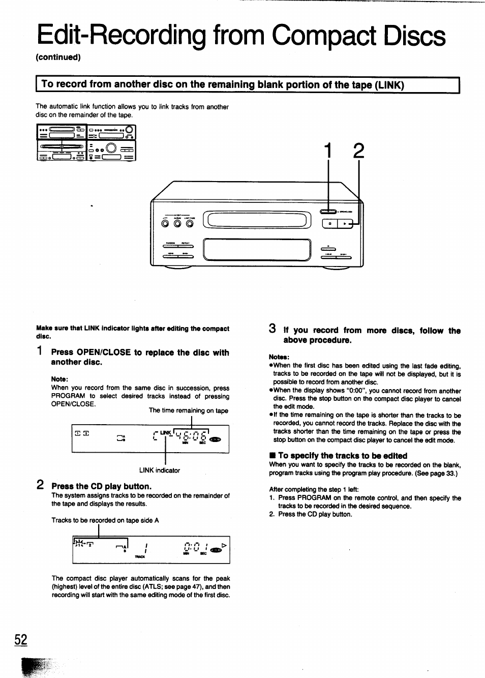 Continued), 2 press the cd play button, To specify the tracks to be edited | Edit-recording from compact discs | Panasonic SC-CH950 User Manual | Page 52 / 85