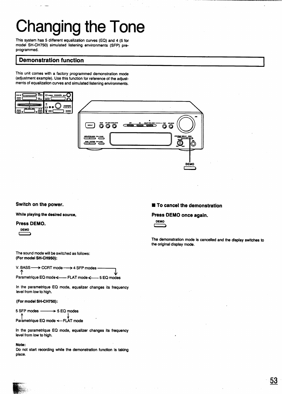 Demonstration function, Switch on the power, Press demo | To cancel the demonstration press demo once again, Changing the tone | Panasonic SC-CH950 User Manual | Page 53 / 85