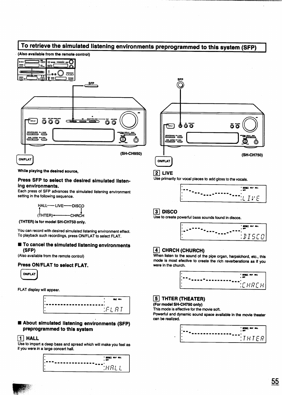 3] disco, Press on/flat to select flat, 4j chrch (church) | Thter (theater), T] hall | Panasonic SC-CH950 User Manual | Page 55 / 85