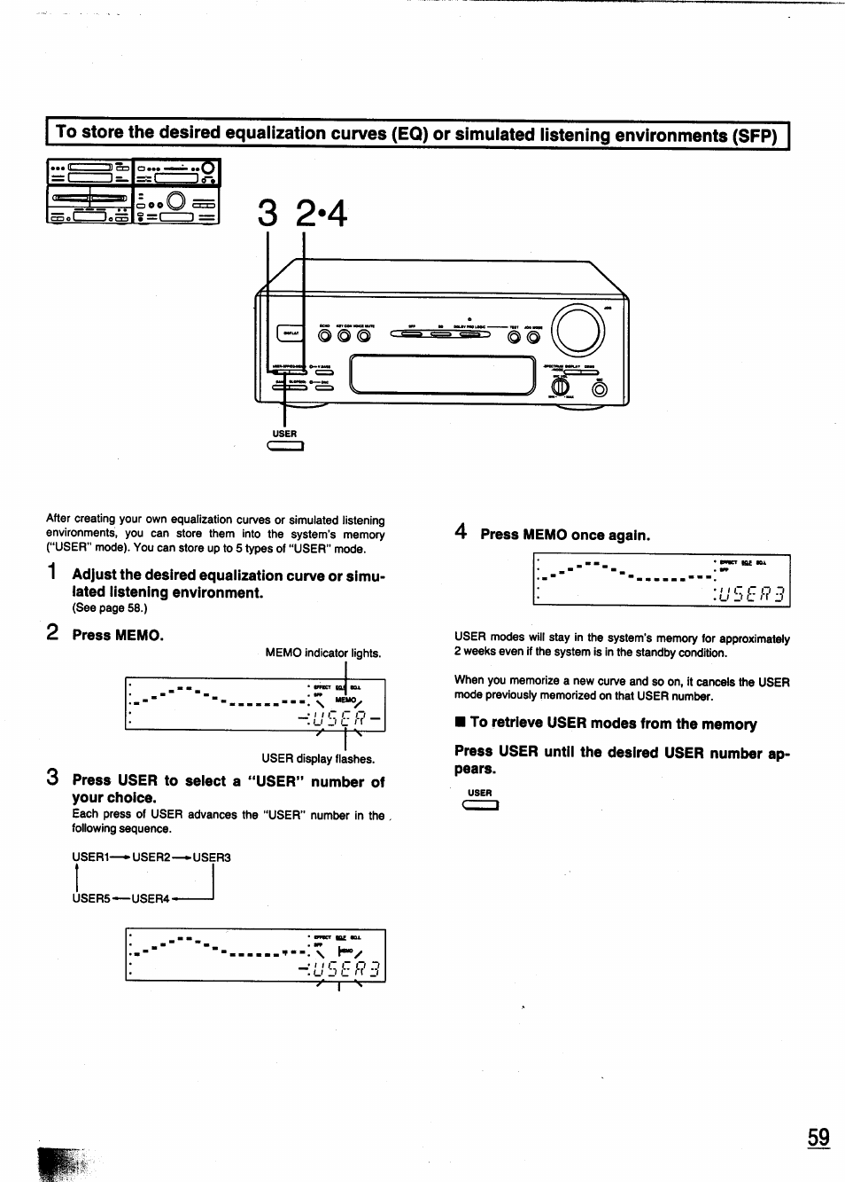 2 press memo, 4 press memo once again, To retrieve user modes from the memory | Press user until the desired user number appears | Panasonic SC-CH950 User Manual | Page 59 / 85
