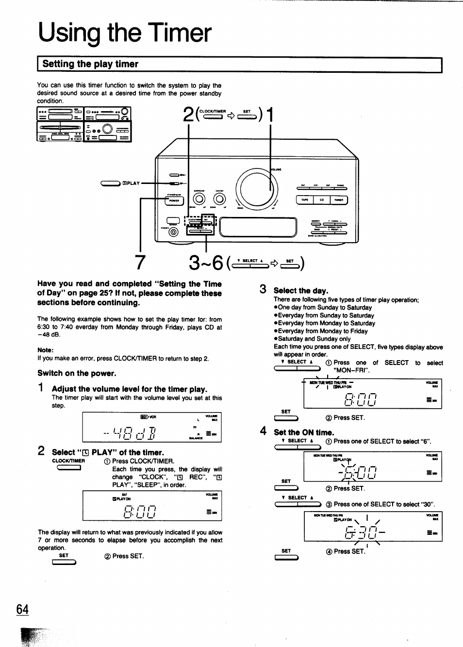 Setting the play timer, Switch on the power, 1 adjust the voiume ievei for the timer piay | Select “el play" of the timer, Select the day, 4 set the on time, Using the timer | Panasonic SC-CH950 User Manual | Page 64 / 85