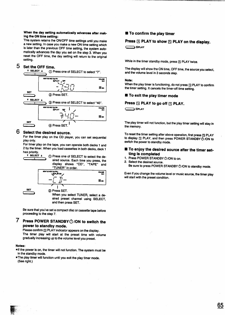 5 set the off time, Select the desired source, To confirm the piay timer | Press e] play to show □ play on the display | Panasonic SC-CH950 User Manual | Page 65 / 85