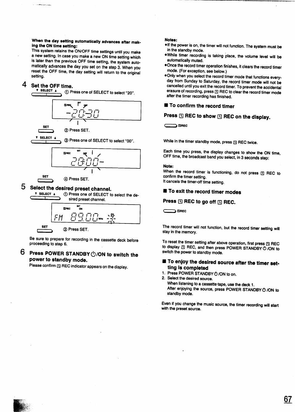 4 set the off time, 5 select the desired preset channel, To confirm the record timer | Press el rec to show q rec on the display, To exit the record timer modes, Press □ rec to go off □ rec | Panasonic SC-CH950 User Manual | Page 67 / 85