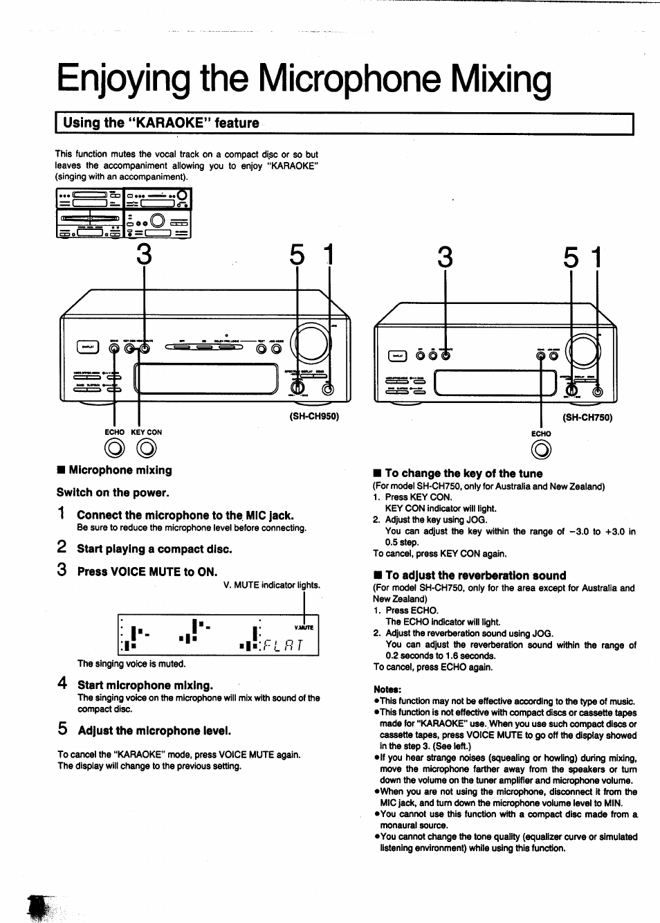 Enjoying the microphone mixing, Using the “karaoke" feature, Microphone mixing switch on the power | 1 connect the microphone to the mic jack, 4 start microphone mixing, 5 adjust the microphone ievei, To change the key of the tune, To adjust the reverberation sound | Panasonic SC-CH950 User Manual | Page 70 / 85