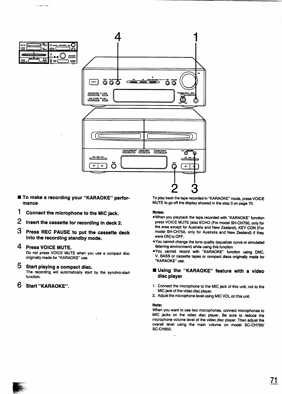 To make a recording your “karaoke” performance, 1 connect the microphone to the mic jack, 2 insert the cassette for recording in deck 2 | 4 press voice mute, 5 start playing a compact disc, 6 start “karaoke, Using the “karaoke’ disc piayer | Panasonic SC-CH950 User Manual | Page 71 / 85