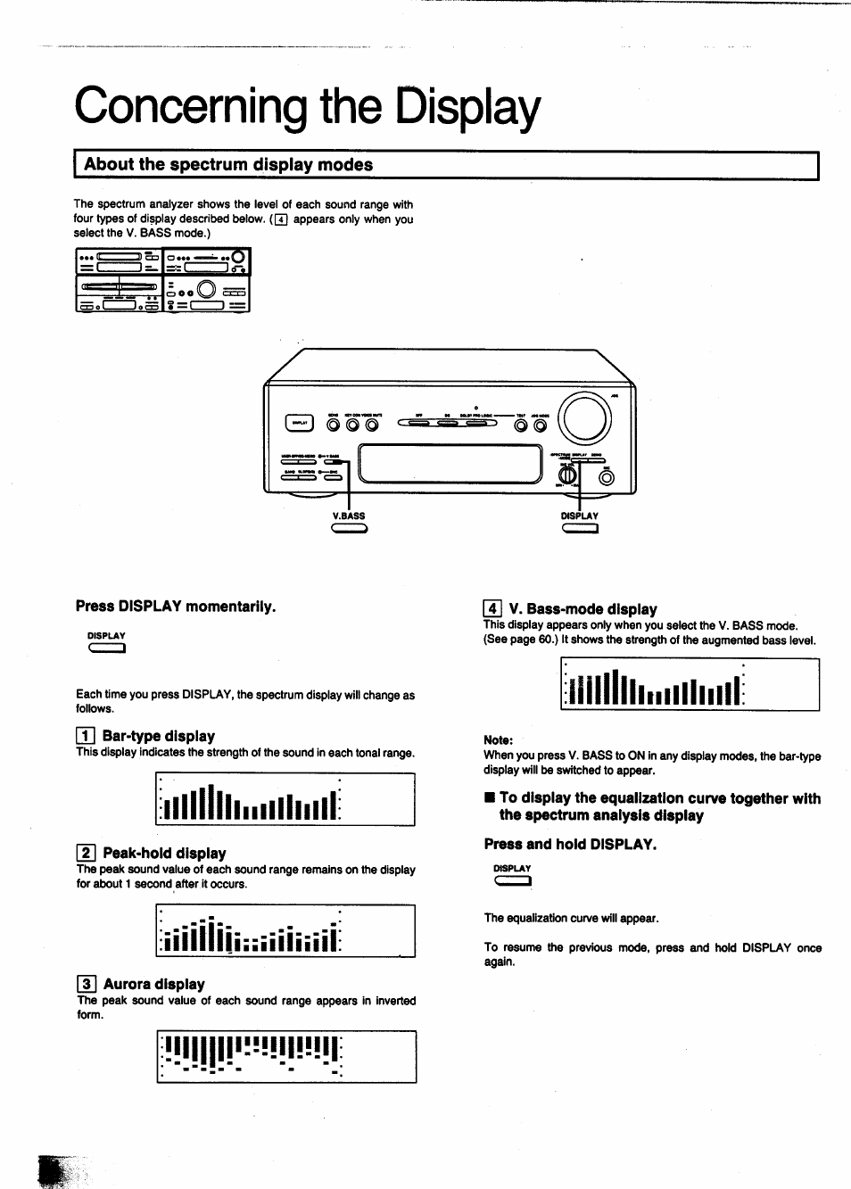 Concerning the display, About the spectrum display modes, Press display momentarily | In bar-type display, M v. bass-mode display, Press and hold display, Ij||l!i!!!!!mmii | Panasonic SC-CH950 User Manual | Page 74 / 85