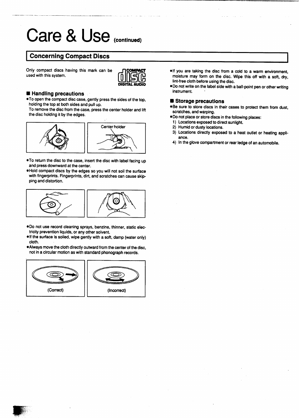 I concerning compact discs, Handling precautions, Storage precautions | Care & use | Panasonic SC-CH950 User Manual | Page 76 / 85