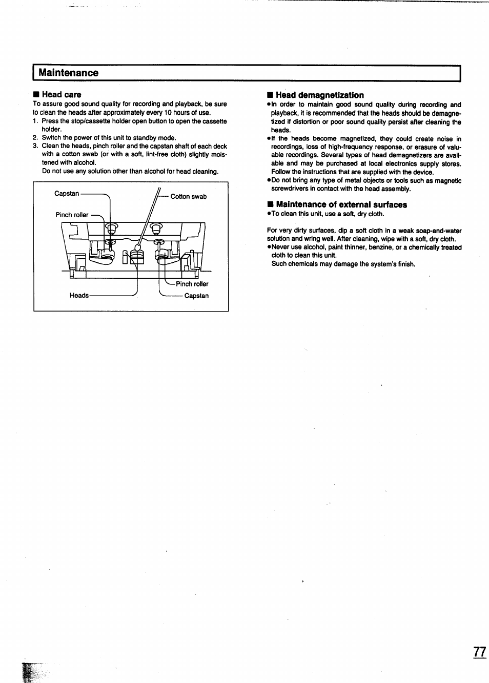 Maintenance, Head care, Head demagnetization | Maintenance of external surfaces | Panasonic SC-CH950 User Manual | Page 77 / 85