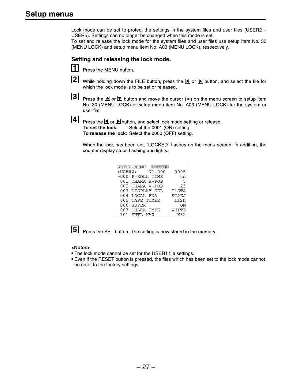 Setup menus | Panasonic AJ-D450 User Manual | Page 27 / 68