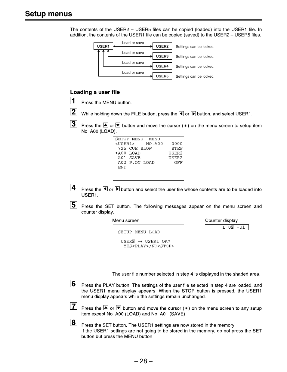 Setup menus | Panasonic AJ-D450 User Manual | Page 28 / 68