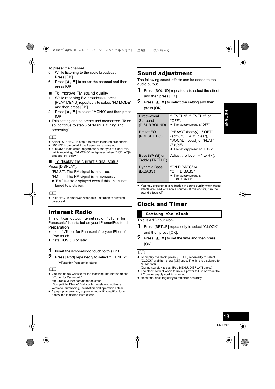 Internet radio, Sound adjustment, Clock and timer | Panasonic RQT9708-1P User Manual | Page 13 / 24