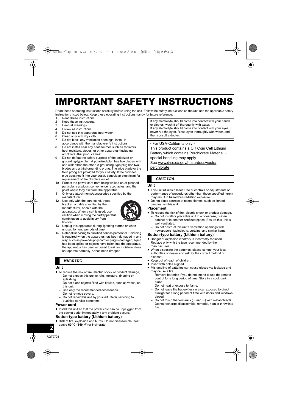 Important safety instructions | Panasonic RQT9708-1P User Manual | Page 2 / 24