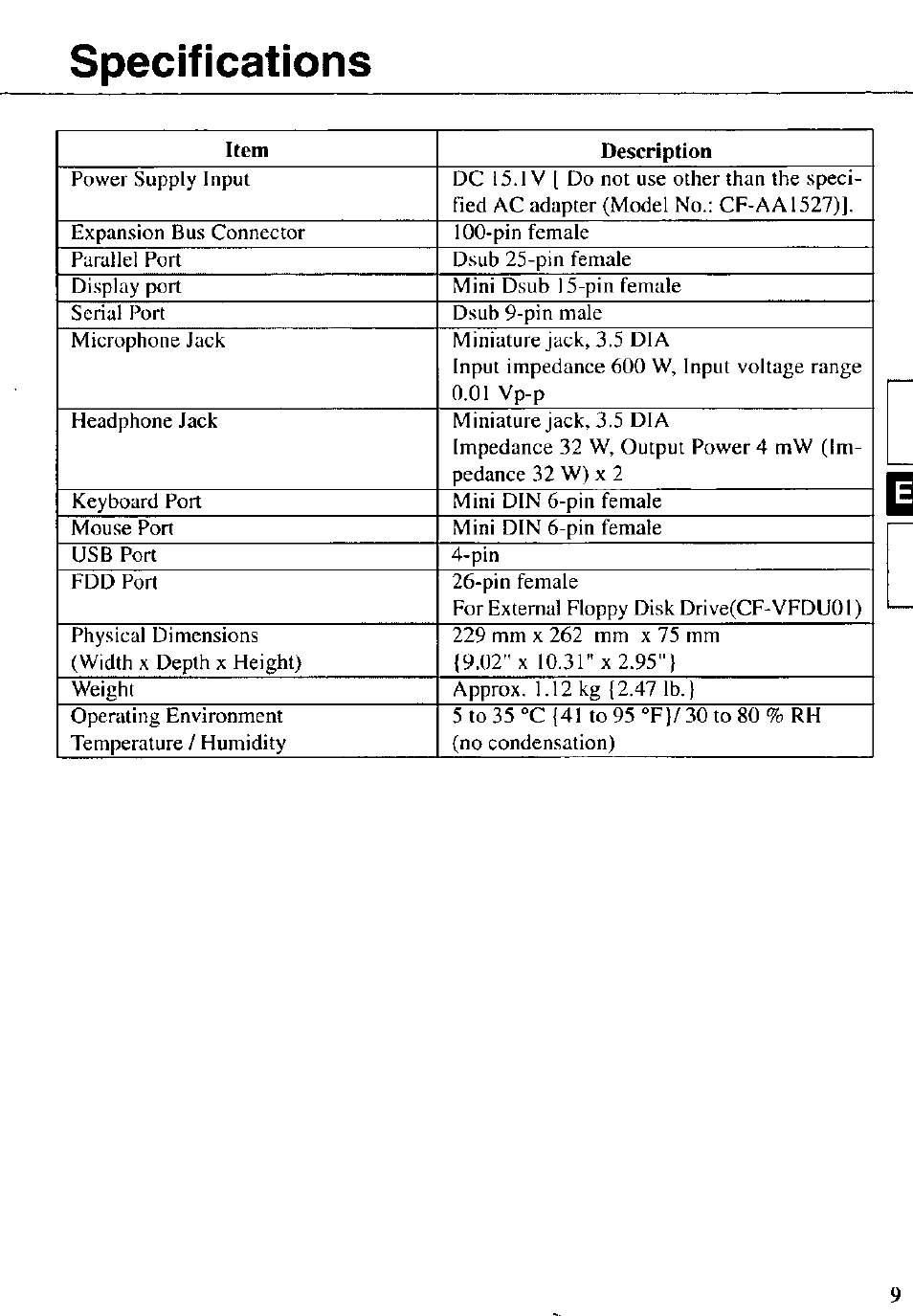 Specifications | Panasonic CF-VEB341 User Manual | Page 9 / 28