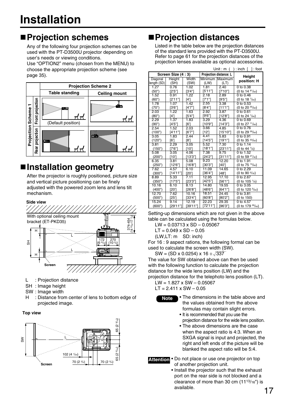 Installation, Projection schemes, Installation geometry | Projection distances, Is available. attention | Panasonic PT-D3500U User Manual | Page 17 / 72