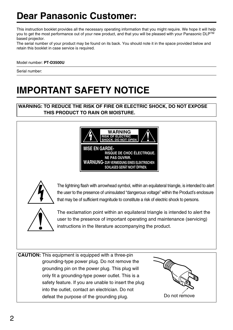 Dear panasonic customer, Important safety notice | Panasonic PT-D3500U User Manual | Page 2 / 72