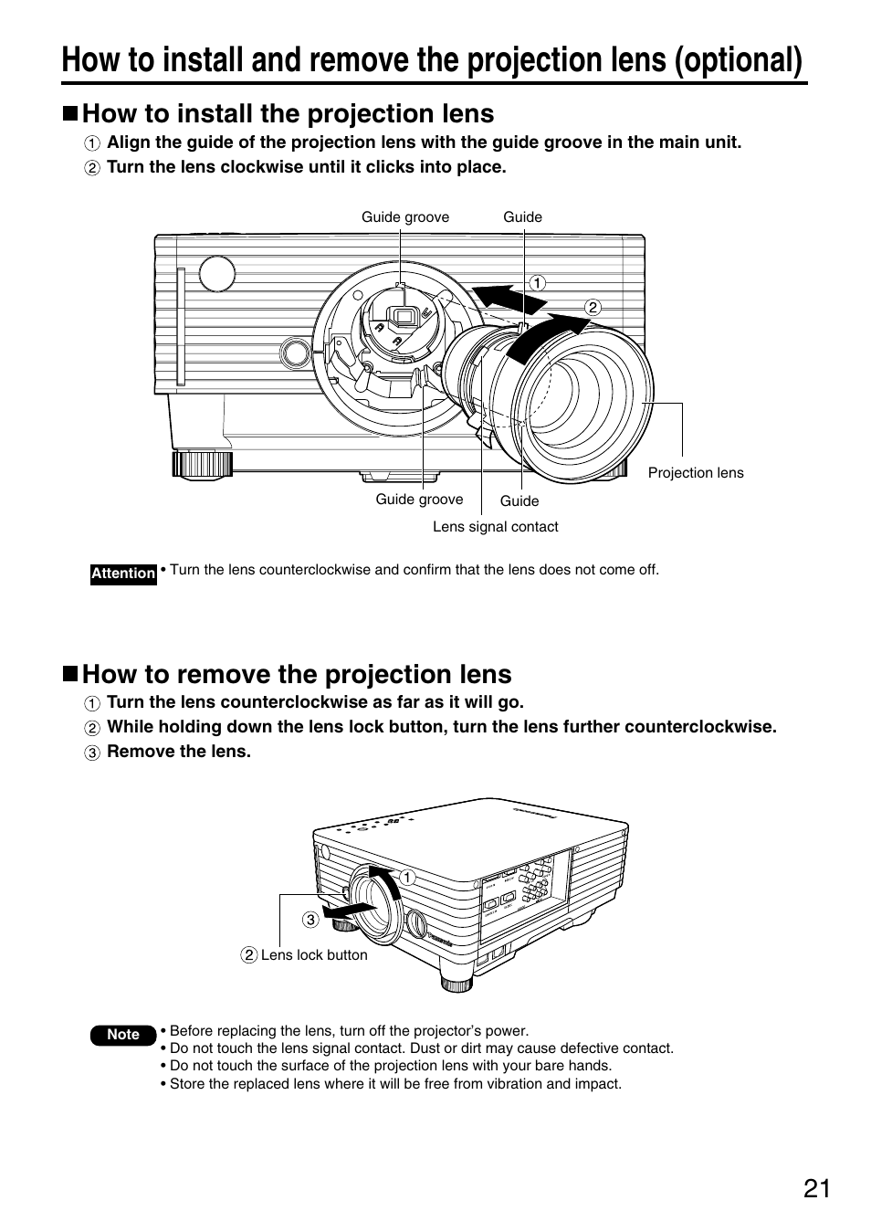 How to install the projection lens, How to remove the projection lens | Panasonic PT-D3500U User Manual | Page 21 / 72