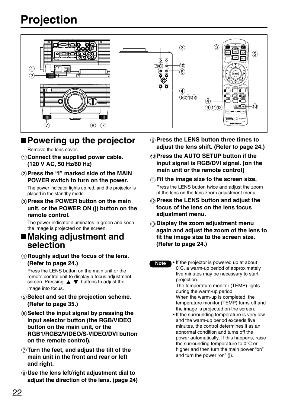 Projection, Powering up the projector, Making adjustment and selection | Panasonic PT-D3500U User Manual | Page 22 / 72