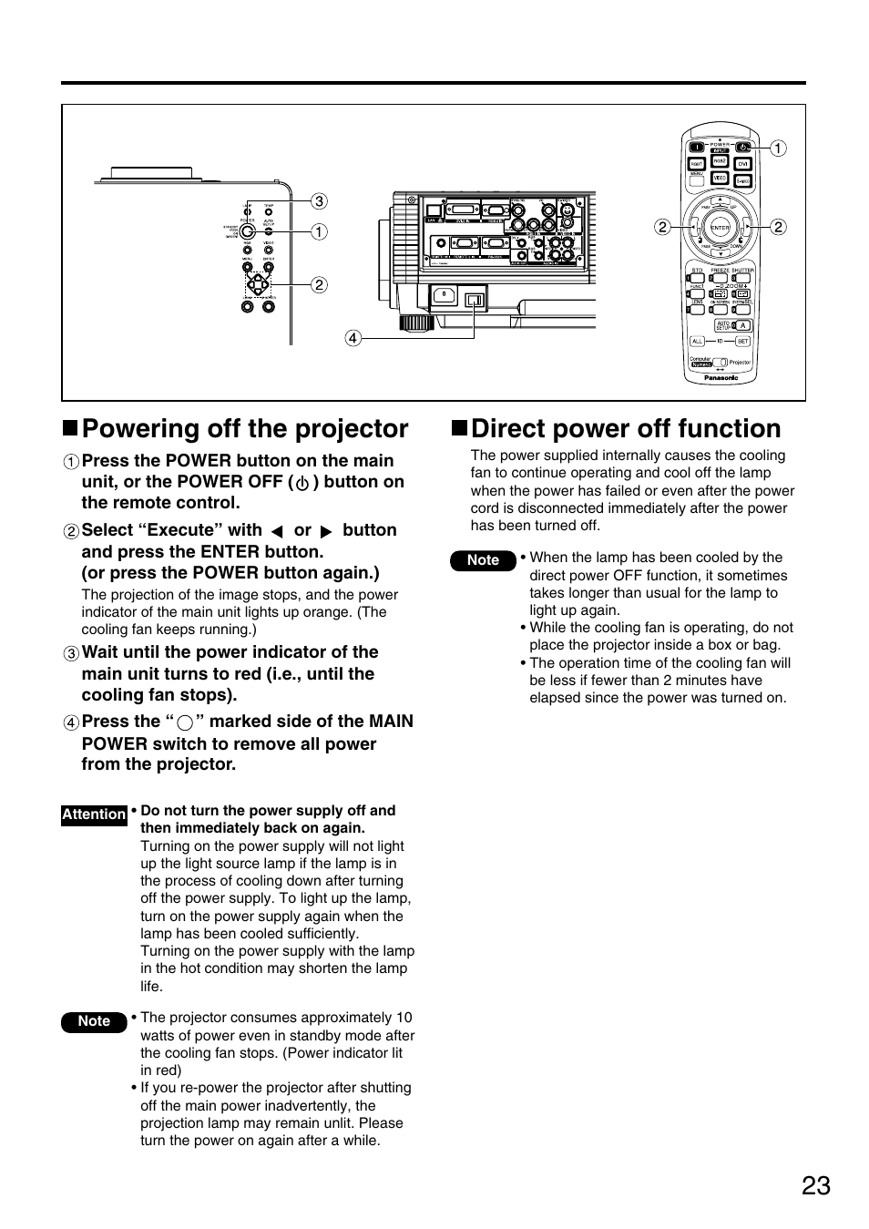23 powering off the projector, Direct power off function | Panasonic PT-D3500U User Manual | Page 23 / 72