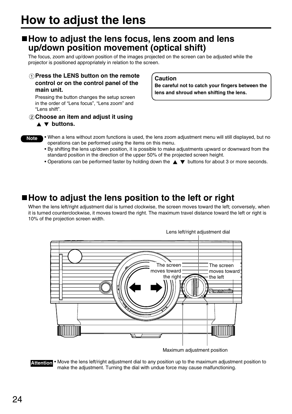 How to adjust the lens | Panasonic PT-D3500U User Manual | Page 24 / 72
