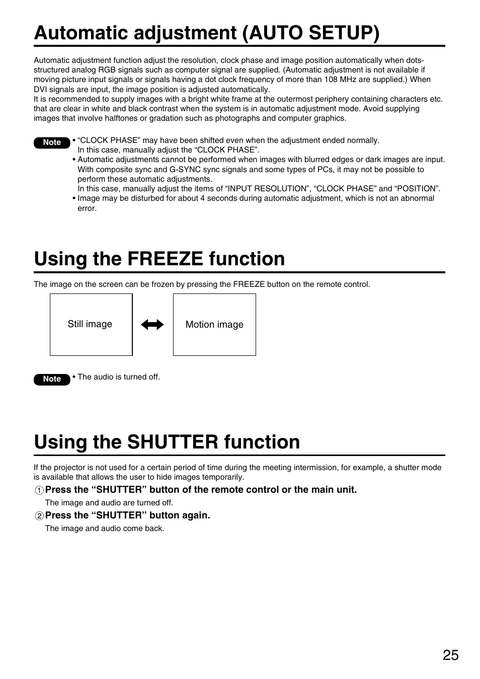 Automatic adjustment (auto setup), Using the freeze function, Using the shutter function | Panasonic PT-D3500U User Manual | Page 25 / 72
