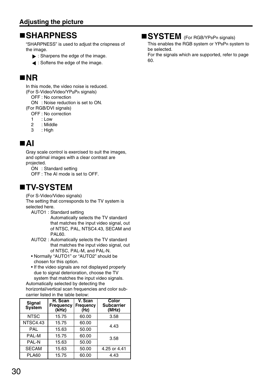 Sharpness, Tv-system, System | Adjusting the picture | Panasonic PT-D3500U User Manual | Page 30 / 72