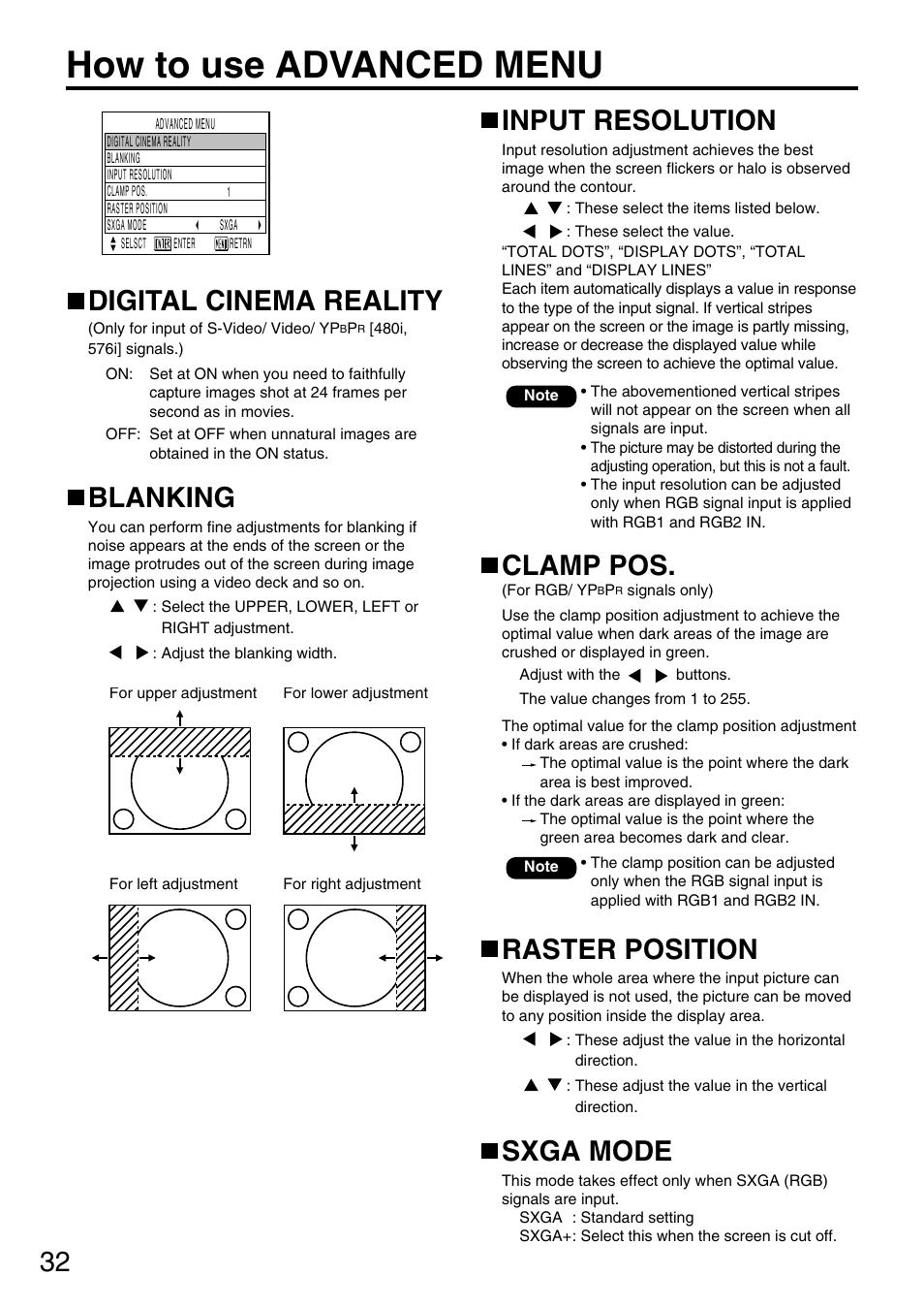 How to use advanced menu, Input resolution, Digital cinema reality | Blanking, Clamp pos, Raster position, Sxga mode | Panasonic PT-D3500U User Manual | Page 32 / 72