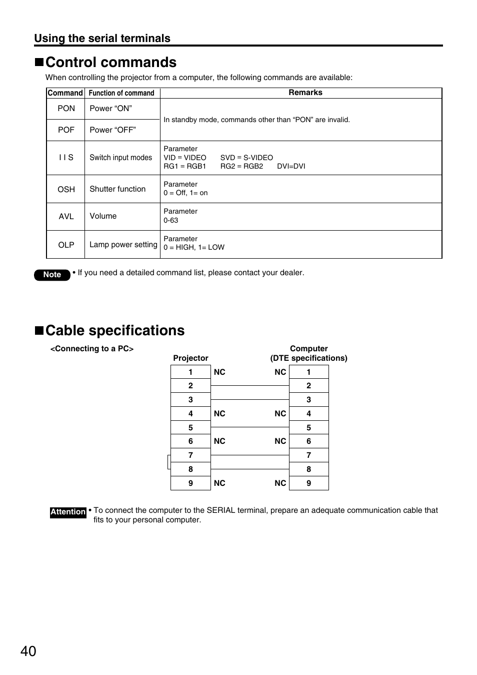 40 cable specifications control commands, Using the serial terminals | Panasonic PT-D3500U User Manual | Page 40 / 72
