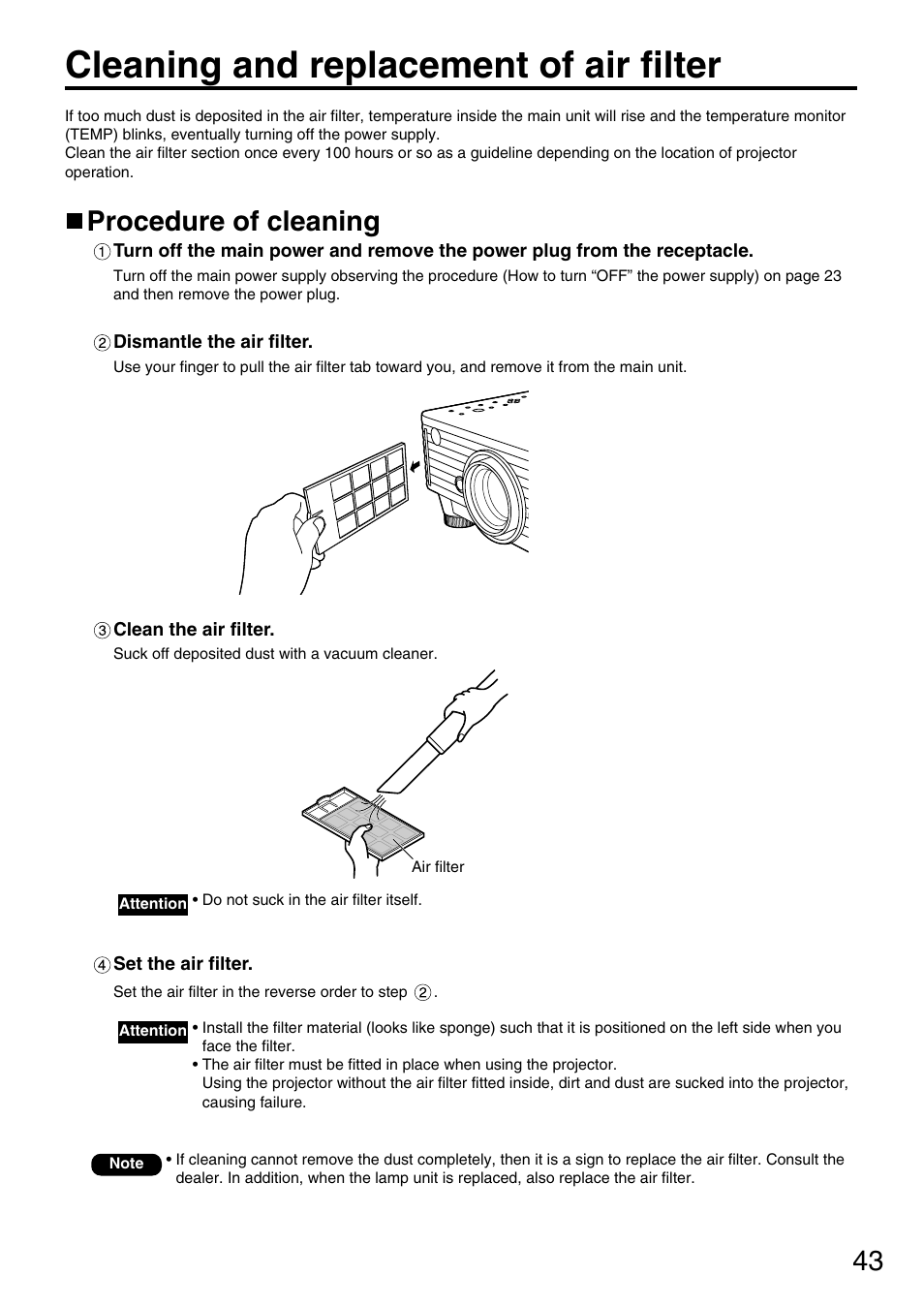 Cleaning and replacement of air filter, Procedure of cleaning | Panasonic PT-D3500U User Manual | Page 43 / 72