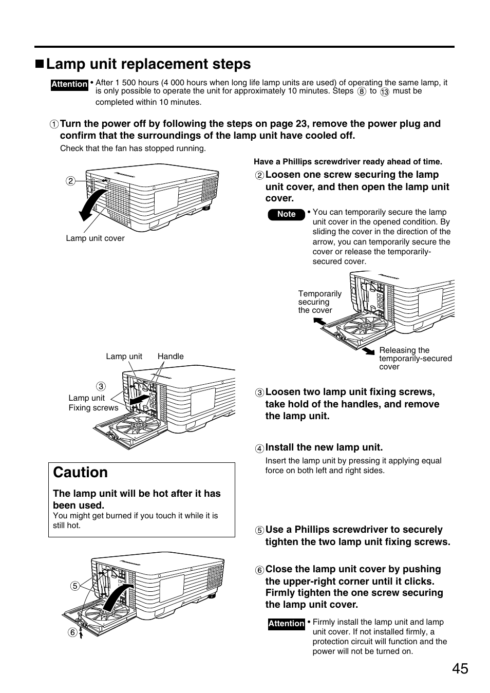 45 lamp unit replacement steps, Caution | Panasonic PT-D3500U User Manual | Page 45 / 72