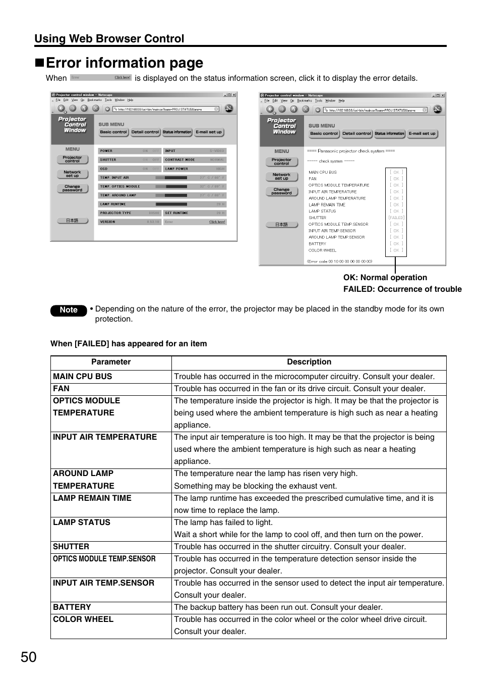 Error information page, Using web browser control | Panasonic PT-D3500U User Manual | Page 50 / 72