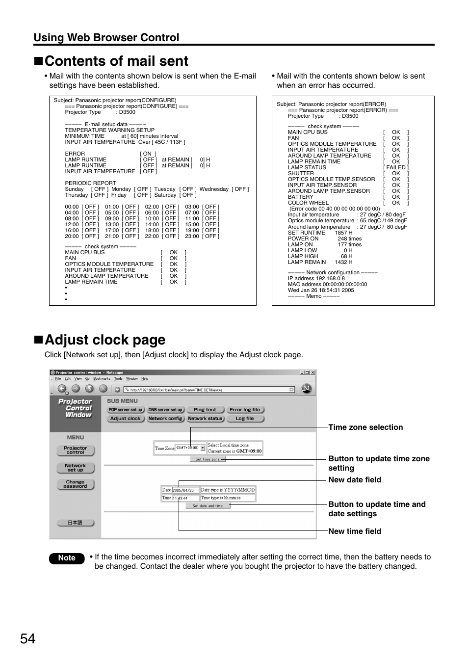 Contents of mail sent, Adjust clock page, Using web browser control | Panasonic PT-D3500U User Manual | Page 54 / 72