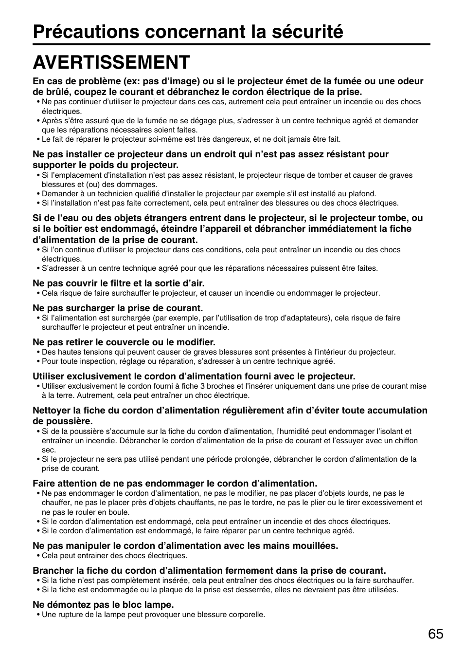 Précautions concernant la sécurité avertissement | Panasonic PT-D3500U User Manual | Page 65 / 72