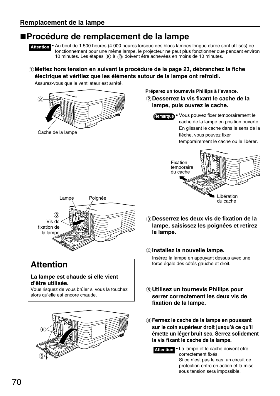 Procédure de remplacement de la lampe, Attention, Remplacement de la lampe | Panasonic PT-D3500U User Manual | Page 70 / 72