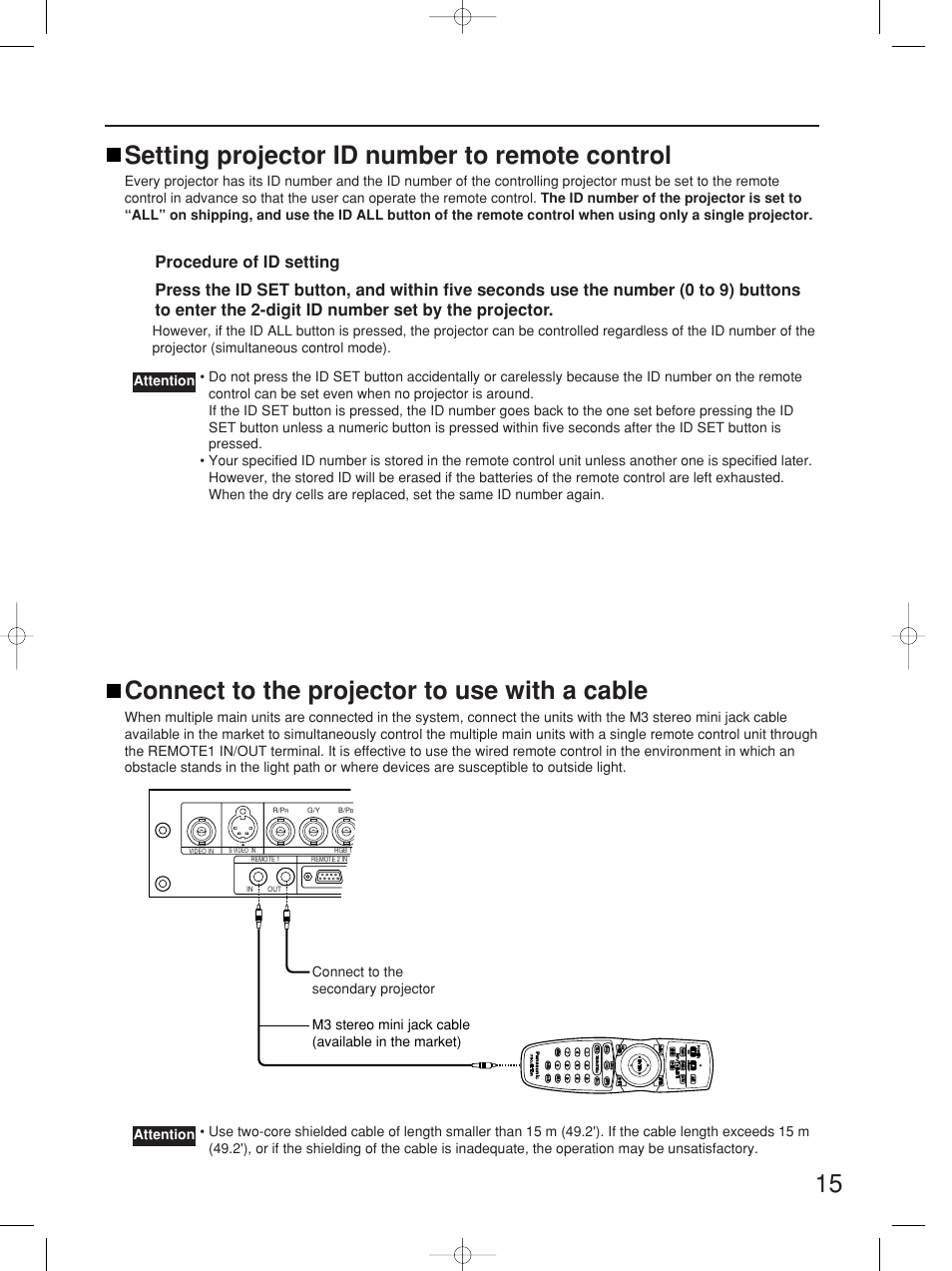 15 setting projector id number to remote control, Connect to the projector to use with a cable | Panasonic PT-D5700UL User Manual | Page 15 / 72