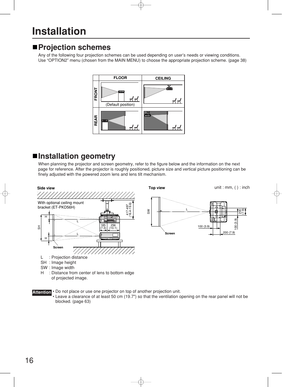 Installation, Installation geometry, Projection schemes | Panasonic PT-D5700UL User Manual | Page 16 / 72