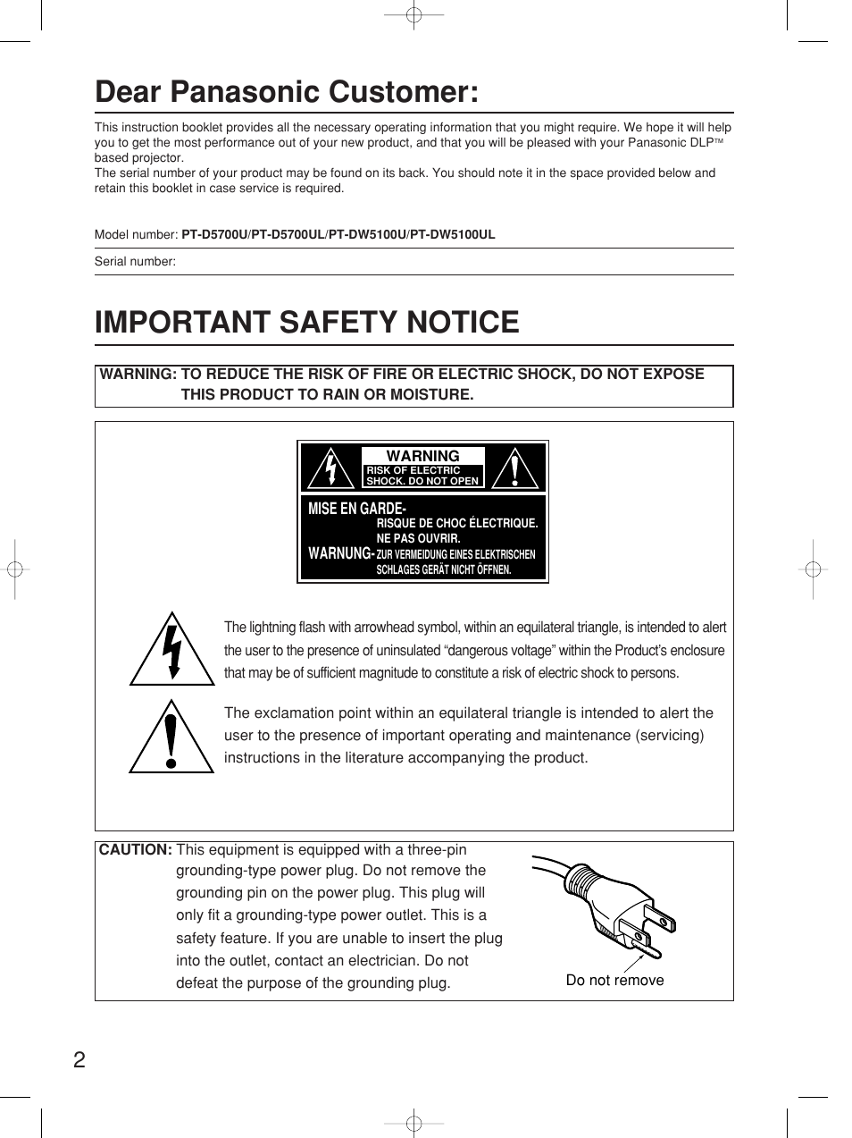 Dear panasonic customer, Important safety notice | Panasonic PT-D5700UL User Manual | Page 2 / 72