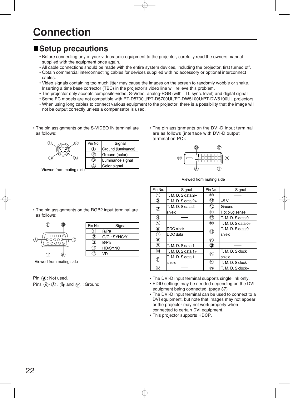 Connection, Setup precautions | Panasonic PT-D5700UL User Manual | Page 22 / 72