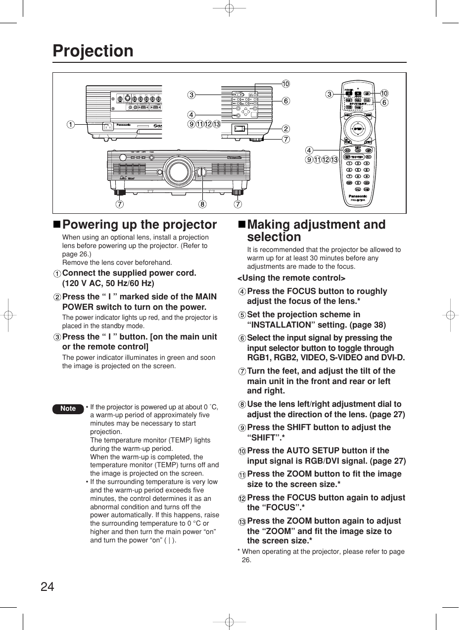 Projection, Powering up the projector, Making adjustment and selection | Panasonic PT-D5700UL User Manual | Page 24 / 72