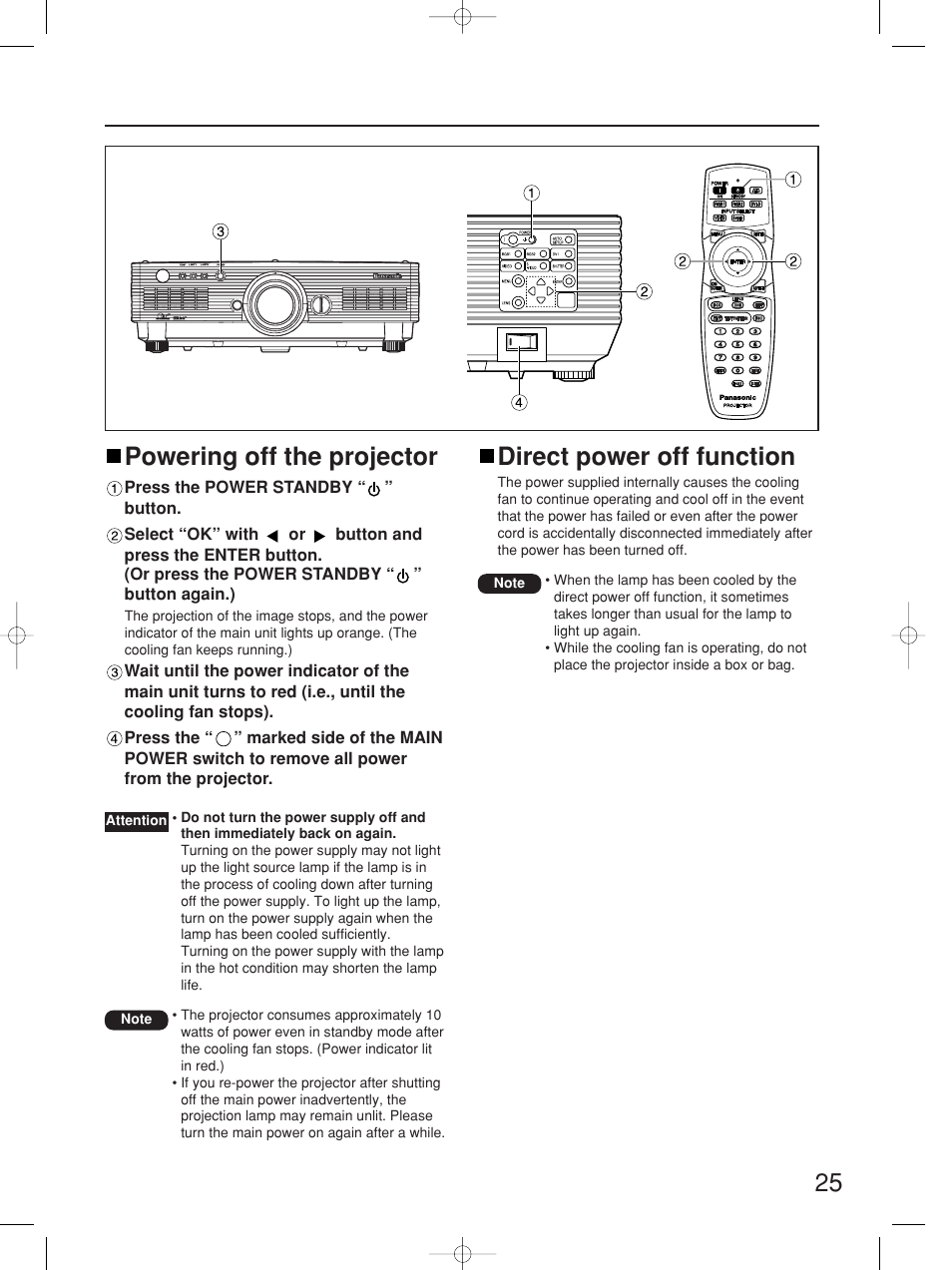 25 powering off the projector, Direct power off function | Panasonic PT-D5700UL User Manual | Page 25 / 72