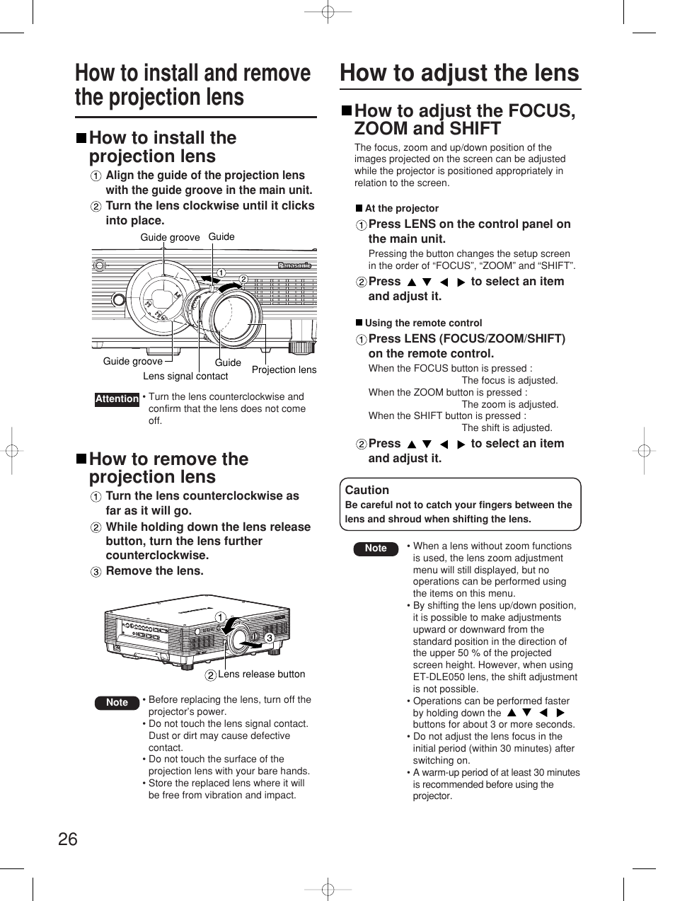 How to install the projection lens, How to remove the projection lens, How to adjust the focus, zoom and shift | Panasonic PT-D5700UL User Manual | Page 26 / 72