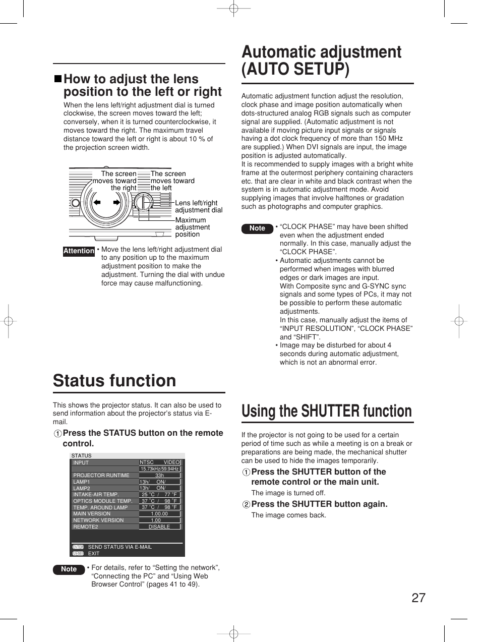 Automatic adjustment (auto setup), Using the shutter function, Status function | Panasonic PT-D5700UL User Manual | Page 27 / 72