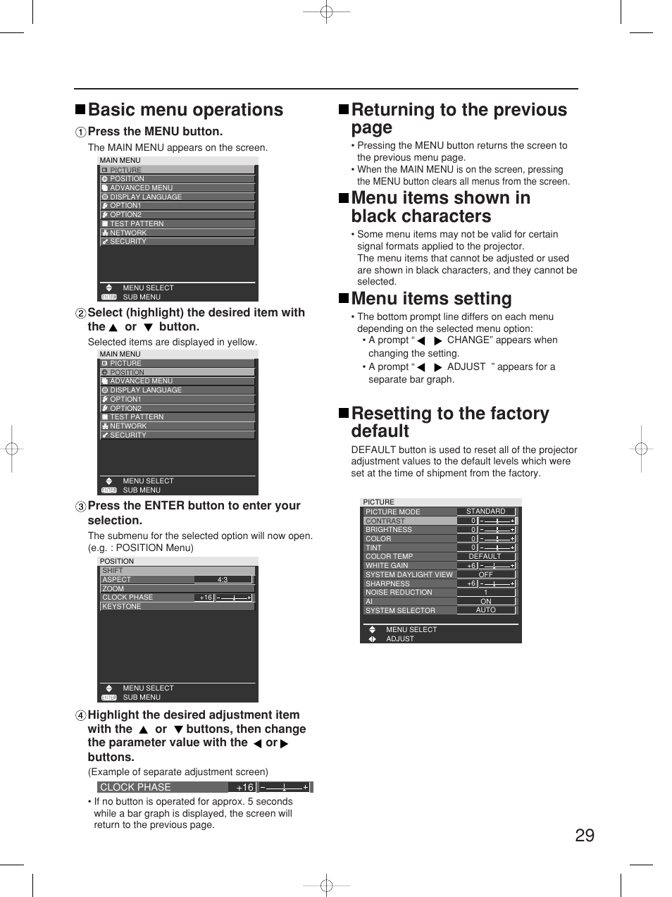 29 returning to the previous page, Menu items shown in black characters, Menu items setting | Resetting to the factory default, Basic menu operations | Panasonic PT-D5700UL User Manual | Page 29 / 72