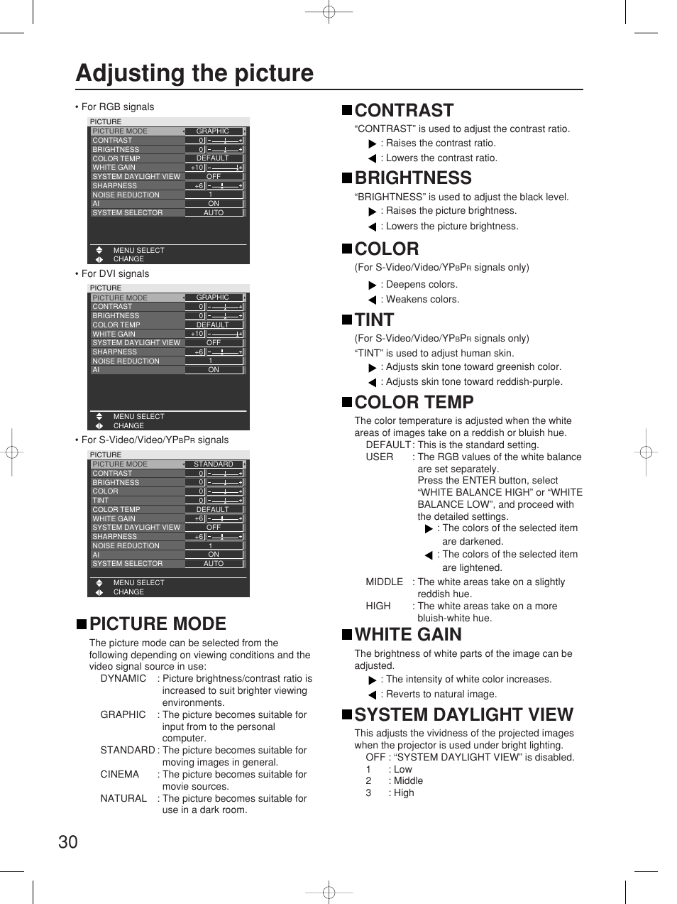 Adjusting the picture, Picture mode, Contrast | Brightness, Color, Tint, Color temp, White gain, System daylight view | Panasonic PT-D5700UL User Manual | Page 30 / 72