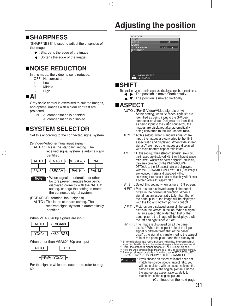 Adjusting the position, Shift, Aspect | Sharpness, Noise reduction, System selector | Panasonic PT-D5700UL User Manual | Page 31 / 72